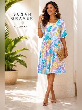 Susan Graver Liquid Knit Tropical Floral Fit Flare Dress XL Pockets Stretch